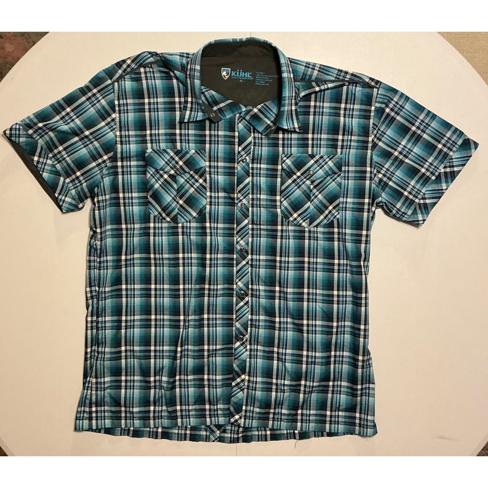 Kuhl Eluxur Shirt Mens XL Short Sleeve Plaid Snap‎ Front Teal Hiking Gorpcore